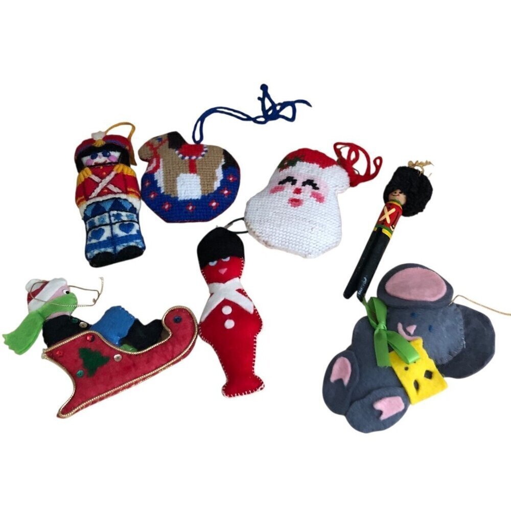 Vintage Christmas Ornament LOT 7 Needlepoint Hand Painted Felt Wood Nut Crackers